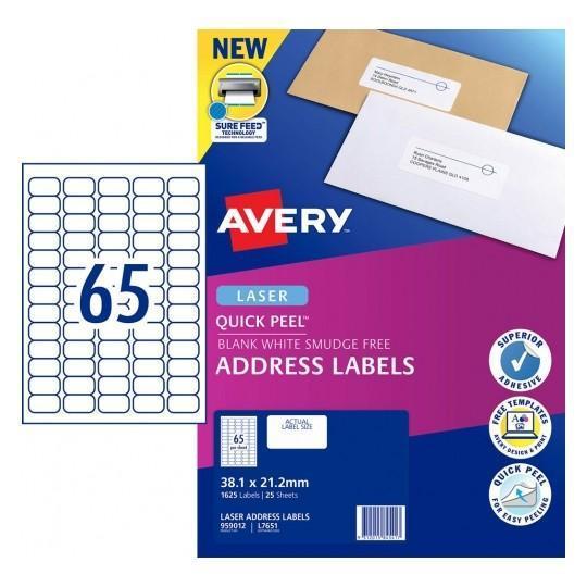 Avery L7651 Labels 65's x 25 Sheets - Laser Printable CX238044