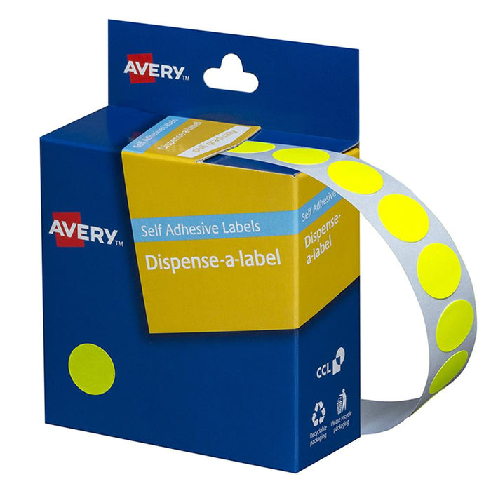 Avery Label Dispenser DMC14FY Yellow Fluoro Round 14mm 700 Pack CX238416