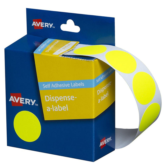 Avery Label Dispenser DMC24FY Yellow Fluoro Round 24mm 350 Pack CX238417