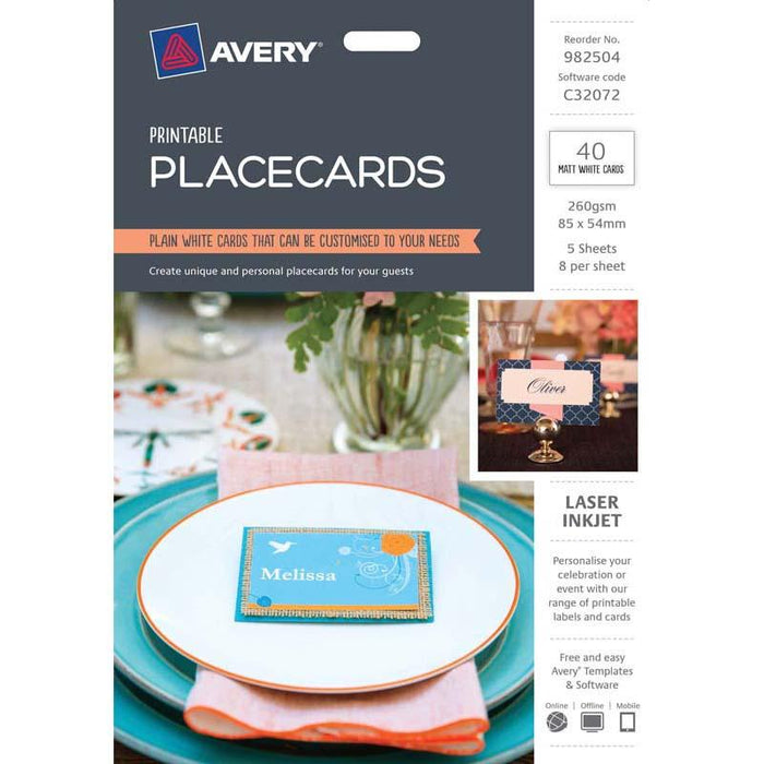 Avery Placecards, 85mm x 54mm, 8 per Sheet, 5 Sheets Per Pack, Inkjet & Laser Printable CX231804