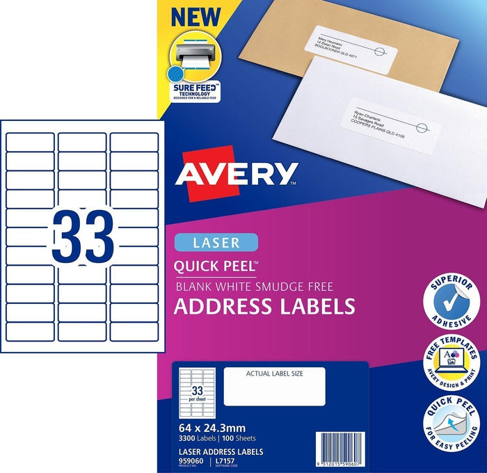 Avery Quick Peel L7157 Labels 33's x 100 Sheets CX238677