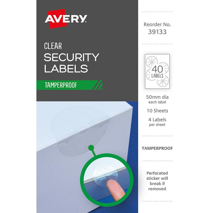 Avery Tamper Proof Label 39133 Clear Dot 50mm 4up 10 Sheets CX239419