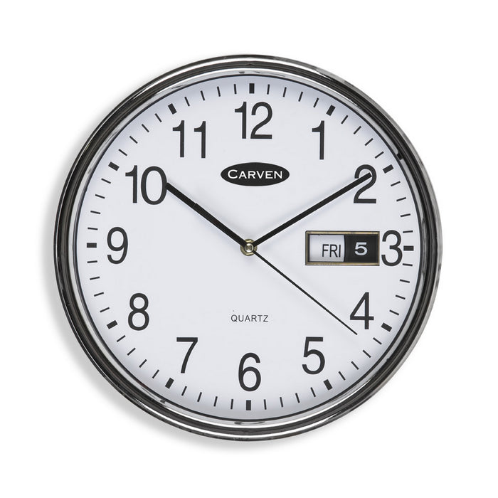 Carven Quartz Wall Clock With Day+Date 285mm Silver