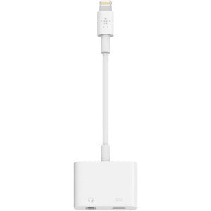 Belkin 3.5mm Audio + Charge RockStar, Lightning/Mini-phone Audio/Power/Data Transfer Cable for Headphone, Speaker, Microphone, Remote Control, Audio Device, iPhone, White IM3968256