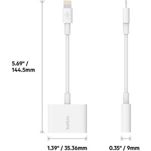 Belkin 3.5mm Audio + Charge RockStar, Lightning/Mini-phone Audio/Power/Data Transfer Cable for Headphone, Speaker, Microphone, Remote Control, Audio Device, iPhone, White IM3968256