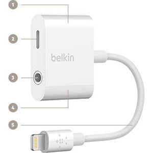 Belkin 3.5mm Audio + Charge RockStar, Lightning/Mini-phone Audio/Power/Data Transfer Cable for Headphone, Speaker, Microphone, Remote Control, Audio Device, iPhone, White IM3968256