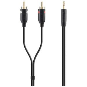 Belkin Mini-phone/RCA Audio Cable - 2 m Mini-phone/RCA Audio Cable for iPad, iPod, iPhone, Tablet, Smartphone - First End: 2 x RCA Stereo Audio - Male - Second End: 1 x Mini-phone Stereo Audio - Male - Shielding - Black IM3439182