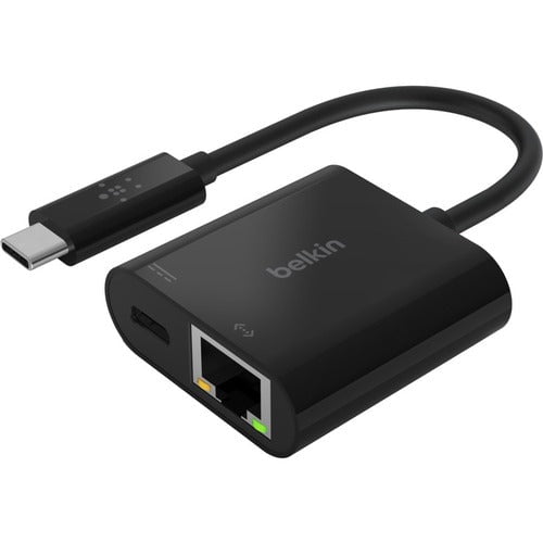 Belkin USB-C to Ethernet + Charge Adapter, 1x USB-C Male, 1x RJ-45 Network Female, 1x USB-C Female, Black IM4947465