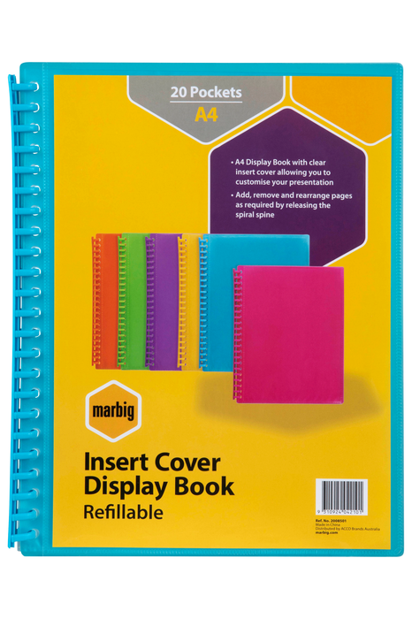 Marbig A4 20 Pocket Insertable Cover Refillable Display Book, Marine Cover