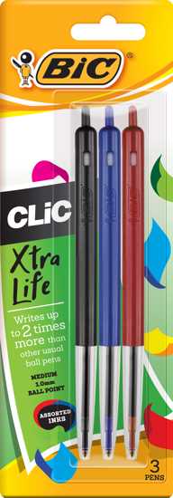 Bic Clic Ballpoint Pen Medium Tip Assorted Colours x 3's, Xtra Life BI922635