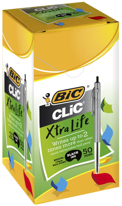 Bic Clic Ballpoint Pen Medium Tip Black x 50's, Xtra Life BI922623