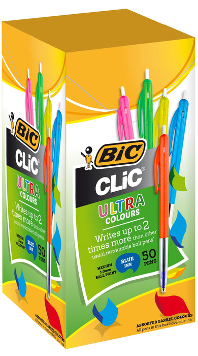 Bic Clic Ballpoint Pen Medium Tip BLUE Ink x 50's, Xtra Life (Assorted colour barrel) BI922631