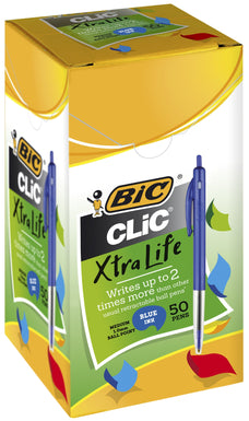 Bic Clic Ballpoint Pen Medium Tip Blue x 50's, Xtra Life BI922621