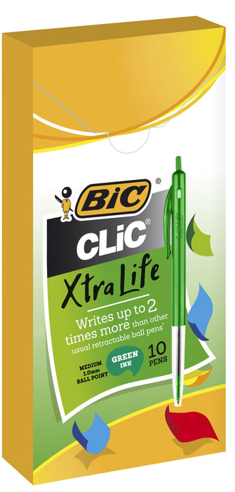 Bic Clic Ballpoint Pen Medium Tip Green x 10's, Xtra Life BI922620