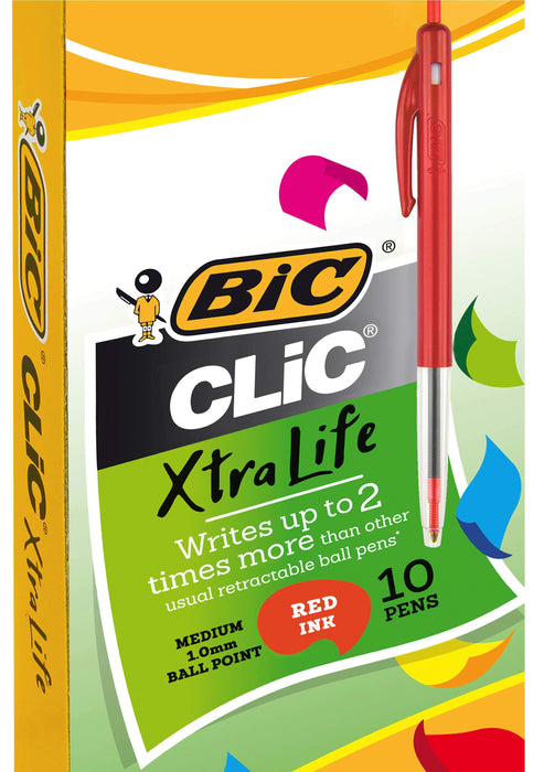 Bic Clic Ballpoint Pen Medium Tip Red x 10's, Xtra Life BI922619
