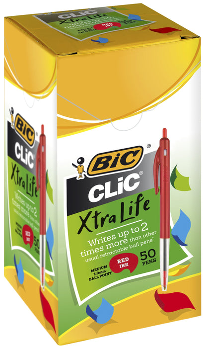 Bic Clic Ballpoint Pen Medium Tip Red x 50's, Xtra Life BI922622