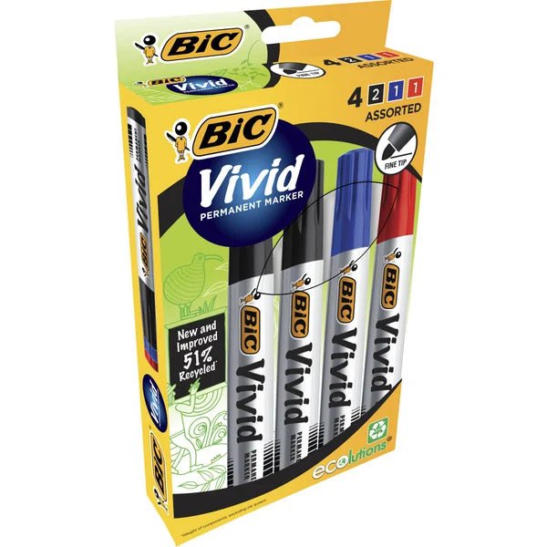 Bic Vivid ECOlutions Permanent Marker Fine Tip Assorted Colours, 4's Pack BI996469