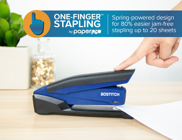 Bostitch Low Force Stapler, InPower Premium Antimicrobial, Blue, Full Strip, 20 Sheet AO311148