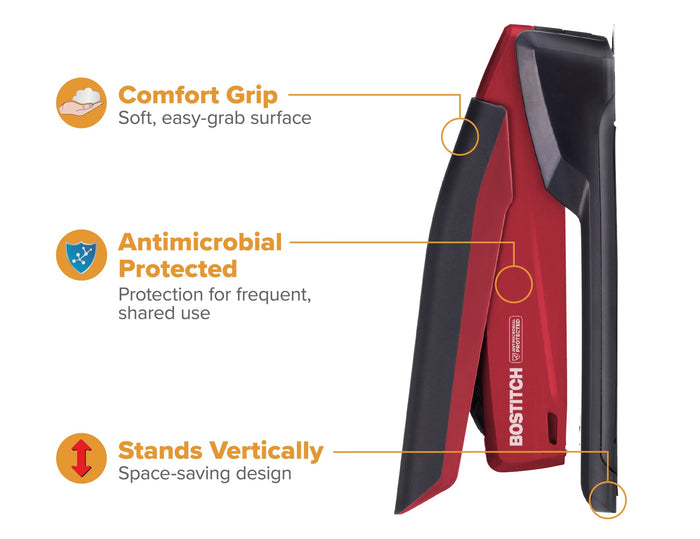 Bostitch Low Force Stapler, InPower Premium Antimicrobial, Red, Full Strip, 20 Sheet AO311124