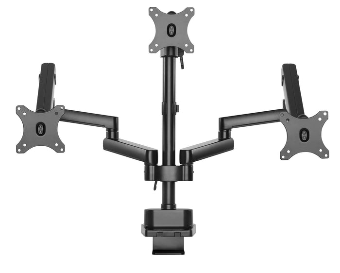 BRATECK 17"-27" Triple Monitor Spring-Assisted Desk Mount Bracket. Max load 7kg per Arm. Max Arm Extension - 689mm. Supports VESA 75x75 &100x100. Quick-Release VESA Plate. Colour Matte Black CDLDT20-C036P