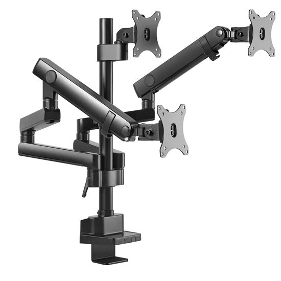 BRATECK 17"-27" Triple Monitor Spring-Assisted Desk Mount Bracket. Max load 7kg per Arm. Max Arm Extension - 689mm. Supports VESA 75x75 &100x100. Quick-Release VESA Plate. Colour Matte Black CDLDT20-C036P