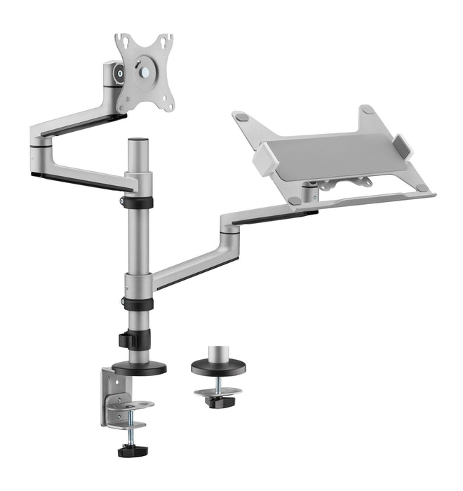 BRATECK 17"-32" Dual  Arm Premium Articulating Monitor Arm & PC Tray. Arm Extension 466mm, Built-in Cable Management, Detachable VESA Plate. Desk Clamp & Grommet Mounting Inc. Matte Grey Colour. CDLDT72-C024ML