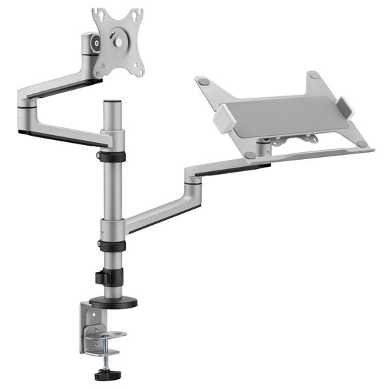 BRATECK 17"-32" Dual  Arm Premium Articulating Monitor Arm & PC Tray. Arm Extension 466mm, Built-in Cable Management, Detachable VESA Plate. Desk Clamp & Grommet Mounting Inc. Matte Grey Colour. CDLDT72-C024ML