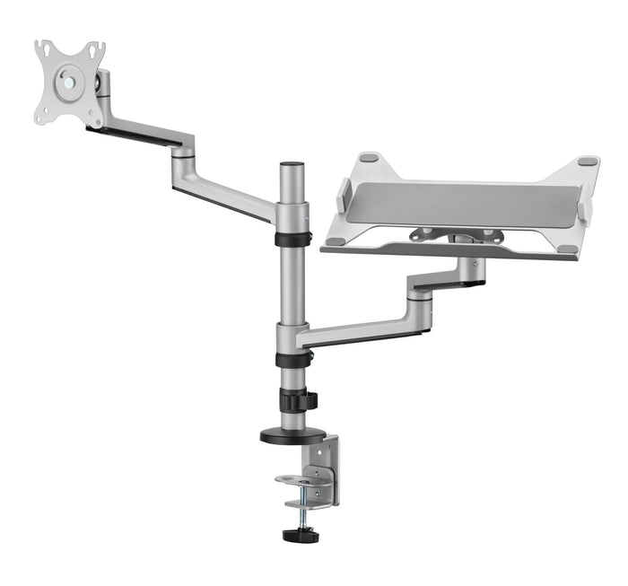 BRATECK 17"-32" Dual  Arm Premium Articulating Monitor Arm & PC Tray. Arm Extension 466mm, Built-in Cable Management, Detachable VESA Plate. Desk Clamp & Grommet Mounting Inc. Matte Grey Colour. CDLDT72-C024ML