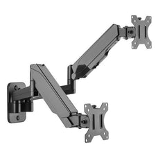 BRATECK 17''-32'' Dual Screen Wall Mounted Gas Spring Monitor Arms. Max load: 9kgs (per arm). VESA 75x75 & 100x100. Extend, tilt and swivel. Detachable VESA Plate. Max Arm Extn - 422mm. Matte Black Color CDLDA30-114