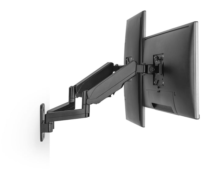 BRATECK 17''-32'' Dual Screen Wall Mounted Gas Spring Monitor Arms. Max load: 9kgs (per arm). VESA 75x75 & 100x100. Extend, tilt and swivel. Detachable VESA Plate. Max Arm Extn - 422mm. Matte Black Color CDLDA30-114