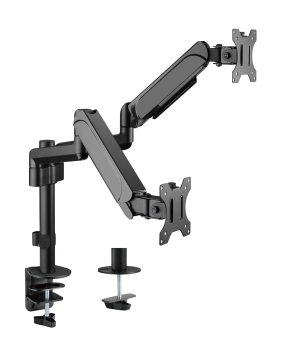 BRATECK 17"-32" Pole-Mounted Gas Spring Dual Monitor Desk Mount Bracket with Detachable VESA Plate. Max Load 9Kgs Per Arm, Supports VESA 75x75 & 100x100, Extend, Tilt, & Swivel, Clamp or Grommet Instal. CDLDT48-C024