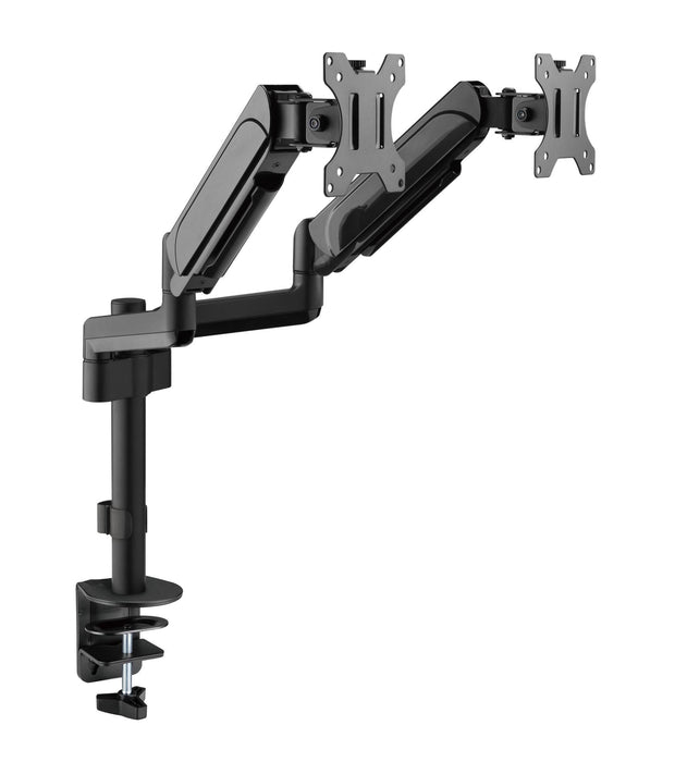 BRATECK 17"-32" Pole-Mounted Gas Spring Dual Monitor Desk Mount Bracket with Detachable VESA Plate. Max Load 9Kgs Per Arm, Supports VESA 75x75 & 100x100, Extend, Tilt, & Swivel, Clamp or Grommet Instal. CDLDT48-C024