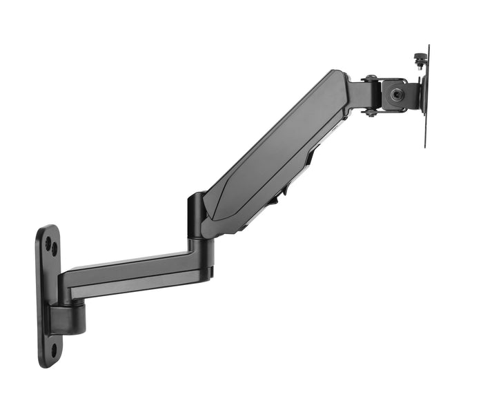 BRATECK 17''-32'' Single Screen Wall Mounted Gas Spring Monitor Arm. Max load: 9kgs. VESA 75x75 & 100x100. Extend, tilt and swivel. Detachable VESA Plate. Max Arm Extn - 422mm. Matte Black Color CDLDA30-112