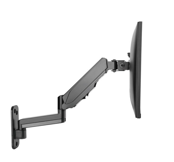 BRATECK 17''-32'' Single Screen Wall Mounted Gas Spring Monitor Arm. Max load: 9kgs. VESA 75x75 & 100x100. Extend, tilt and swivel. Detachable VESA Plate. Max Arm Extn - 422mm. Matte Black Color CDLDA30-112