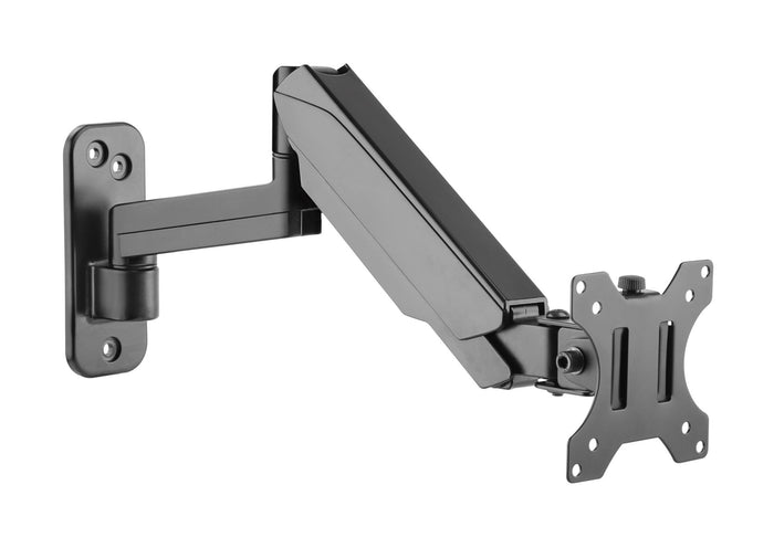 BRATECK 17''-32'' Single Screen Wall Mounted Gas Spring Monitor Arm. Max load: 9kgs. VESA 75x75 & 100x100. Extend, tilt and swivel. Detachable VESA Plate. Max Arm Extn - 422mm. Matte Black Color CDLDA30-112