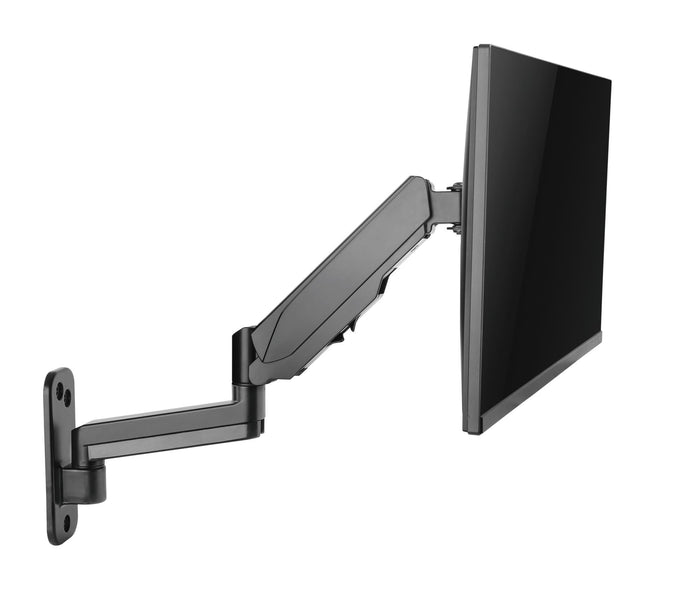BRATECK 17''-32'' Single Screen Wall Mounted Gas Spring Monitor Arm. Max load: 9kgs. VESA 75x75 & 100x100. Extend, tilt and swivel. Detachable VESA Plate. Max Arm Extn - 422mm. Matte Black Color CDLDA30-112