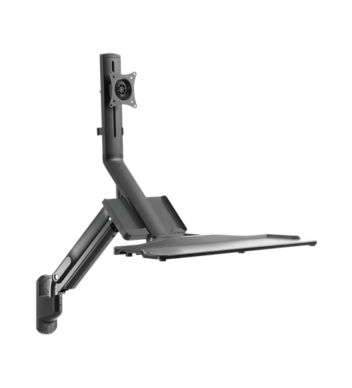 BRATECK 17-32" Wall Mount Single Monitor Gas Spring Sit-Stand Workstation. Folding Keyboard Tray. Counter-Balance Gas Spring. Integrated Ball-Joint. 2nd Storage Tray. Easy Height Adjust. CDWWS05-01-P01