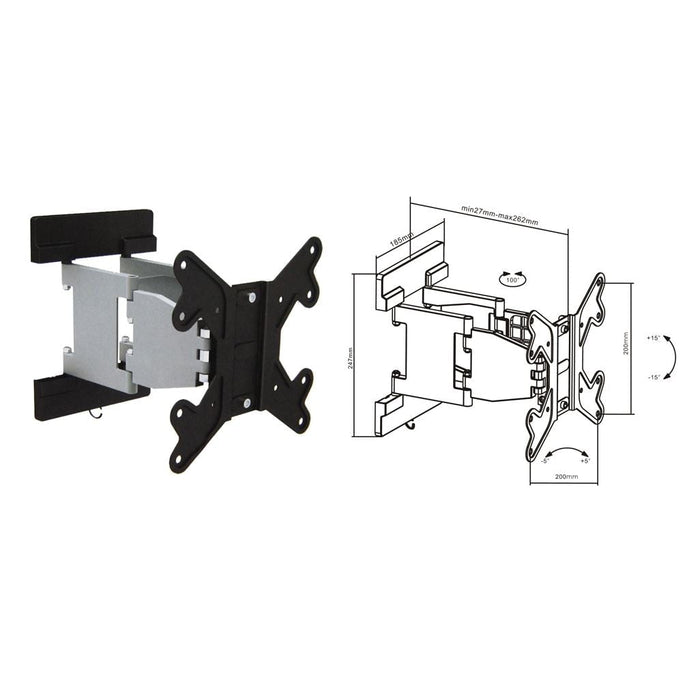 BRATECK 23''-42'' Articulating monitor wall mount bracket. Max load: 30kg. Supports VESA 100x100, 200x100, 200x200. Tilt and swivel. Colour: Silver arm / black plate. CDLCD-LPA16-224