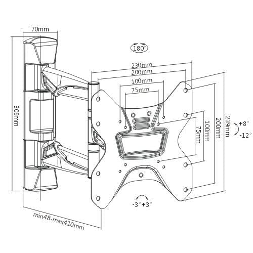 BRATECK 23''-42'' Full motion TV wall bracket. Tilt and swivel. Supports VESA 75x75,100x100,200x100,200x200. Max Load 30Kgs. Max arm extension - 410mm. Colour: Black. Curved Display Compatible. CDLDA20-223