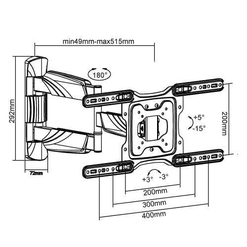 BRATECK 23''-55'' Full motion TV wall mount bracket. Extend, tilt and swivel. VESA Support up to: 400x400 Max load: 35kg. Profile: 49-515mm. Hidden cable management. Colour: Black. CDLPA50-443