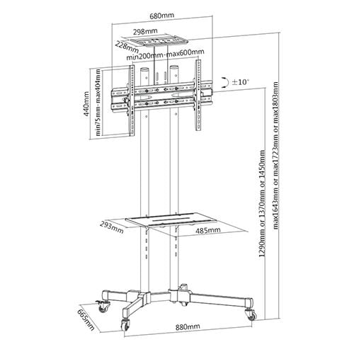 BRATECK  32''-70'' Economy TV Stand, Adjustable TV Height with Metal Shelf.  Max VESA: 600x400 (70"+) Min VESA 200x200 (fits most 32"). Tilt: -15~+15. Max weight: 50kg. CDLCD-T1028B