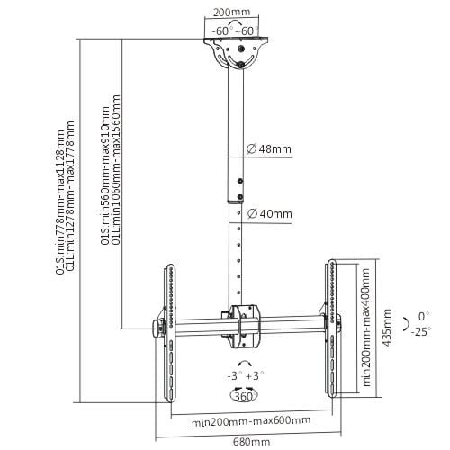 BRATECK 37''-70'' Ceiling Mount Bracket. Max Load: 50Kgs. VESA support up to: 600x400. Profile: 1060-1560mm. Hidden cable management. Colour: Slate black. CDPLB-CE946-01L