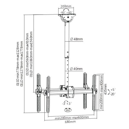 BRATECK  37''-75'' Dual ceiling mount bracket for TV & commercial signage MAX weight 90Kgs (2x45kgs). MAX VESA 600x400. Telescopic for  STOCK CLEARANCE SALE Up to 30% OFF CDPLB-CE946-01LD