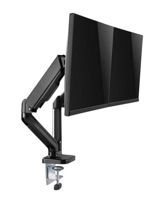 BRATECK Elegant Dual 17"-32" Counter Balance Monitor Desk Mount. Max Load up to 9Kgs Per Arm. VESA 75x75 & 100x100. Gas Spring with Matt Plastic Surface. Extend, Tilt & Swivel. Black Colour. CDLDT46-C024