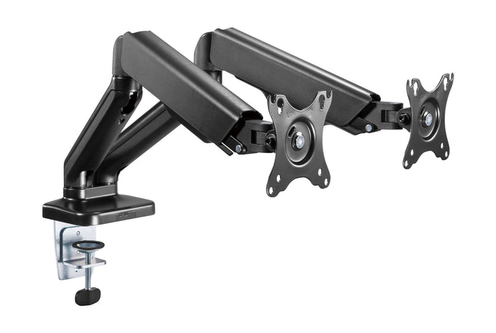 BRATECK Elegant Dual 17"-32" Counter Balance Monitor Desk Mount. Max Load up to 9Kgs Per Arm. VESA 75x75 & 100x100. Gas Spring with Matt Plastic Surface. Extend, Tilt & Swivel. Black Colour. CDLDT46-C024
