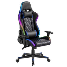 Brateck Gaming Chair, Built-in RGB Lights, Ergonomic Diamond Quilt PU Leather, Headrest & Lumber Support, Adjustable Tilt Back, Pneumatic Seat-Height Adjust, Height-Adjust Armrests, Black CDCH06-30