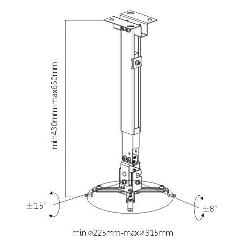 BRATECK Universal Wall & Ceiling Projector Bracket. Tilt: -15~+15, Swivel: -8~+8. Adjustable height/length 430-650mm. Cable management system. Max load: 20kg. CDPRB-2G