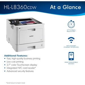 Brother HL HL-L8360CDW Desktop Laser Printer - Colour - 33 ppm Mono / 33 ppm Color - 2400 x 600 dpi class - Automatic Duplex Print - 300 Sheets Input - Ethernet - Wireless LAN - 60000 Pages Duty Cycle - Plain Paper Print - USB IM6107423