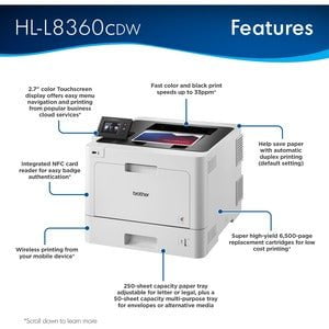 Brother HL HL-L8360CDW Desktop Laser Printer - Colour - 33 ppm Mono / 33 ppm Color - 2400 x 600 dpi class - Automatic Duplex Print - 300 Sheets Input - Ethernet - Wireless LAN - 60000 Pages Duty Cycle - Plain Paper Print - USB IM6107423