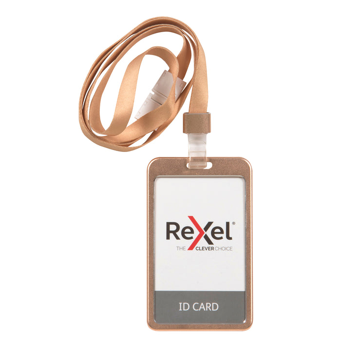 Rexel Aluminium Double Sided ID Card Holder with Lanyard - Rose Gold (Portrait)